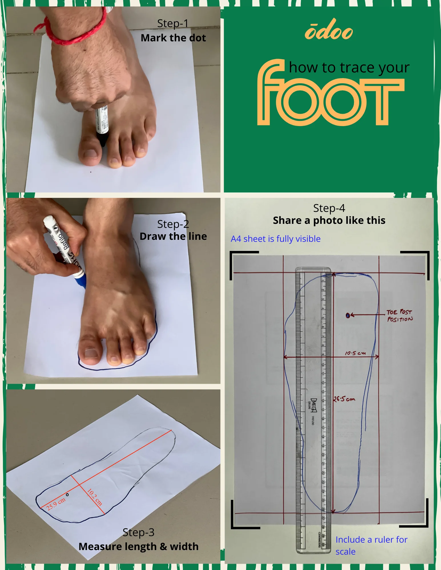 How to trace your foot on an A4 sheet for sizing